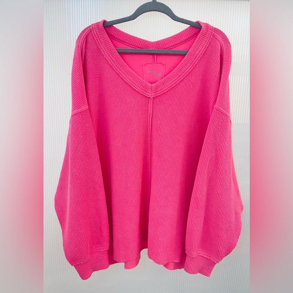 Aerie Wonder Textured Waffle Knit Neon Highlighter Pink V-Neck Sweater | Size XL